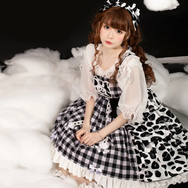 

Lolita Dresses Women Kawaii Plaid Jumper Skirt Girls Summer Miads Princess Sweet Tiered Dress Japanese Cosplay Costume Dress