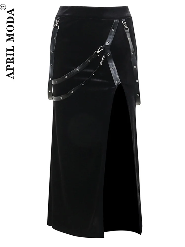 

2023 Harajuku Gothic Black Velvet Sheath Skirt High Split Belt Vintage Grunge Punk Aesthetic Women Belt Decoration Long Skirts