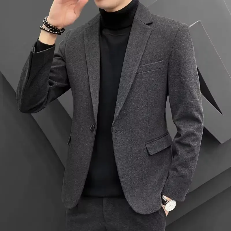 Autumn Winter Casual Suit Jacket Men's Business Slimming Smooths Silhouette Trendy Woolen Western-Style Clothes