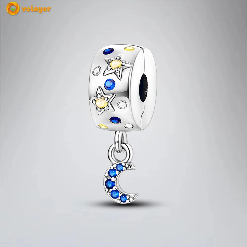 

Volayer 925 Sterling Silver Beads Glittering Star and Moon Clip Charm fit Original Pandora Bracelets for Women DIY Jewelry