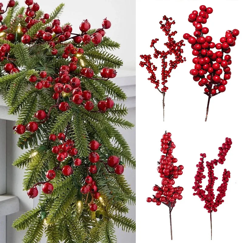 5Pcs Christmas Pine Branches Artificial Red Holly Berry Christmas Tree  Decoration For Home New Year Xams Flower Wreath Ornaments