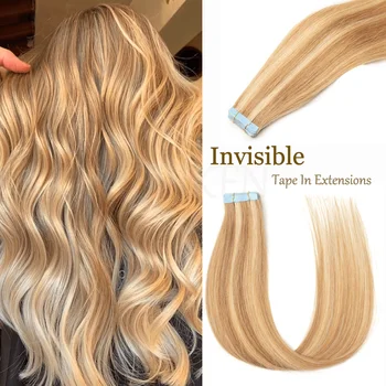 Blonde Brown Tape In Virgin Human Hair Extensions with Waterproof Tape Glue Thin Ends Natural Soft 12inch-20inch Brown Blonde