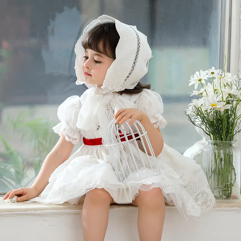 

Party And Wedding Ceremony White Dress For Kids Girls Summer Lace Lolita Infant Baby Little Girl Dress With Short Puff Sleeve
