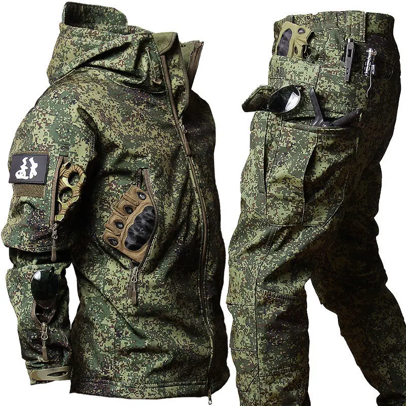 Winter Tactical Training Softshell Waterproof Windproof Hooded Jacket and Knee Thickened Pants