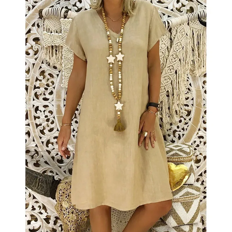

Women Summer 2023 Short Sleeve V-Neck Tops Casual Loose Dress Boho Cotton Linen Dress Female Street T-shirt Dress Vestidos