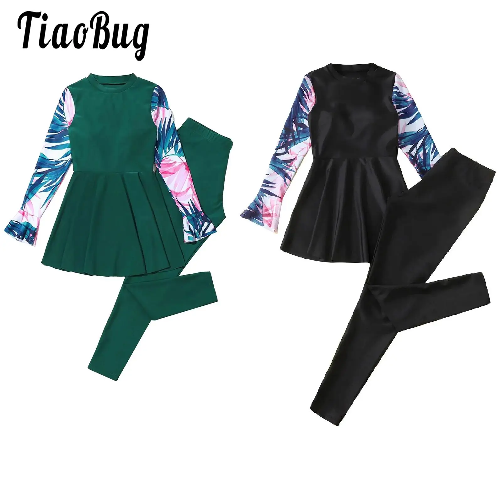 여아용 긴 소매 플레어 커프스 수영복, 수영복, 세트 수영복, 서핑 의류, 탑 원피스, 긴 바지 래쉬가드 세트