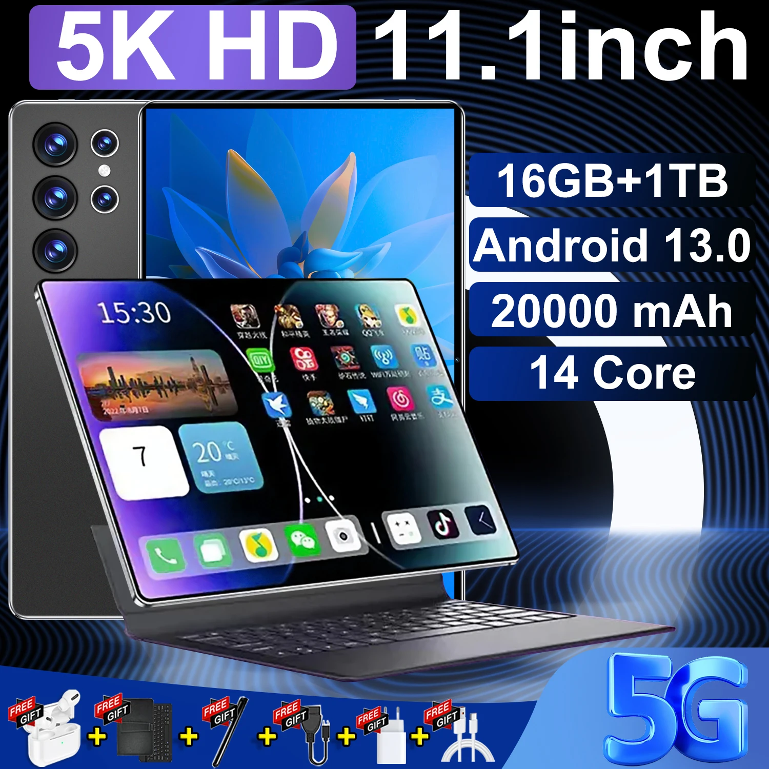 5G Nuovissimo Tablet Da 11.1 Pollici Android 12000Mah 16Gb Ram 1Tb Rom Android 13.0 Wifi 14 Core Tablet Pc Network Global Pad
