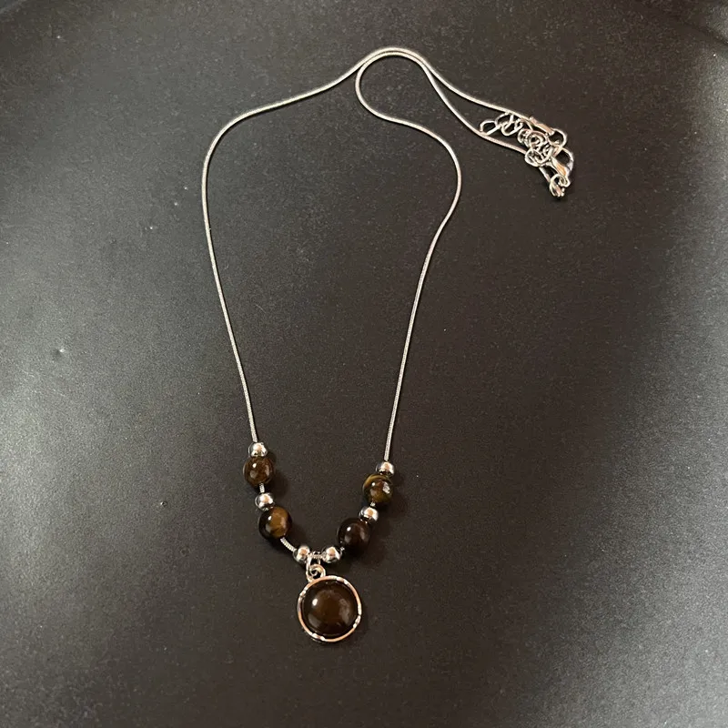 Vintage Leather Brown Stone Pendant Necklace