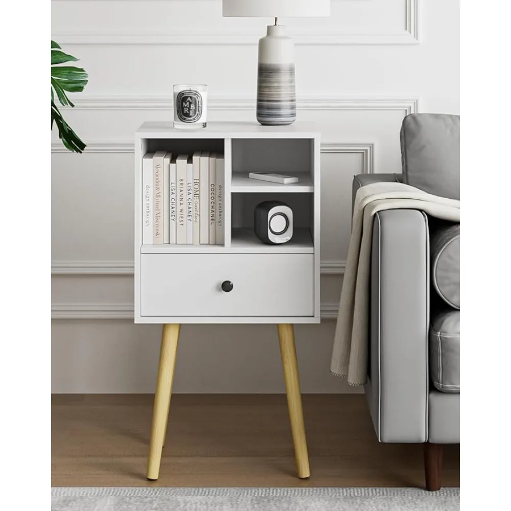 

Nightstand,Mid-Century Modern Bedside Table with Storage Drawer and Open Wood Shelf,Tall Side Table for Bedroom,Classic White