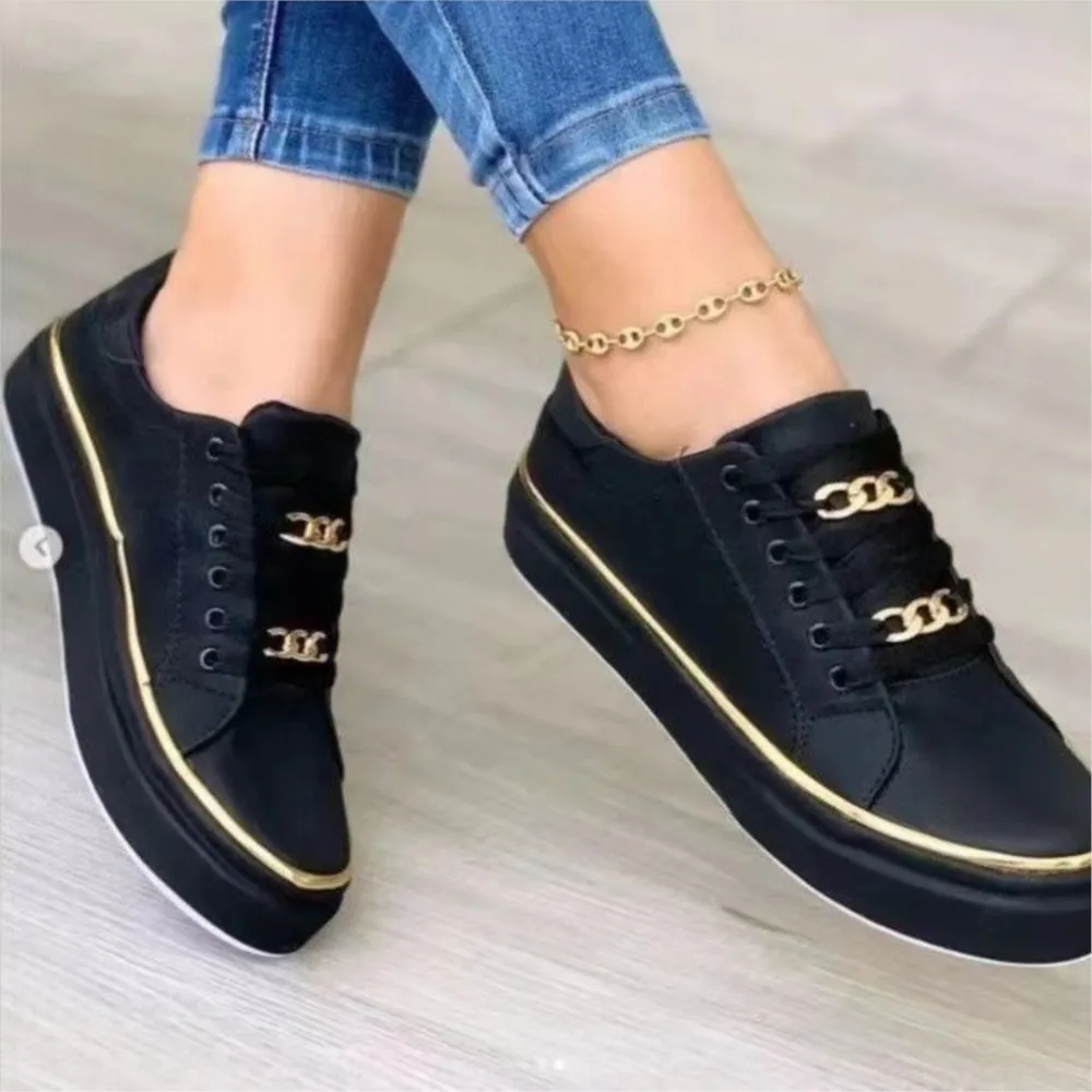 

Large size thick sole chain sports wind low top single shoes women leather front lace-up set feet casual single shoes C266