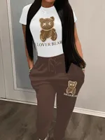 Autumn and winter women's loose and fashionable plus size cartoon bear print hooded sweater+woolen pants set - Image 3