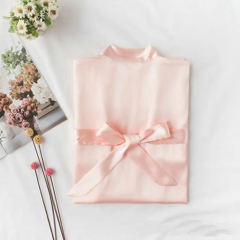 Silk Robe Bridesmaid Bride Short Satin Women Wedding Bathrobe Sleepwear Dressing Gown Plus Size Belt