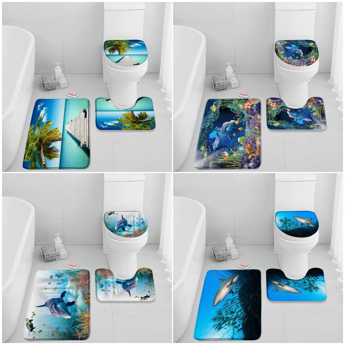 

Sea Bath Mat Set Sharks Dolphins Beach Coconut Trees Summer Vacation Flannel Bath Mat Kids Bathroom Decorations Toilet Lid Mat