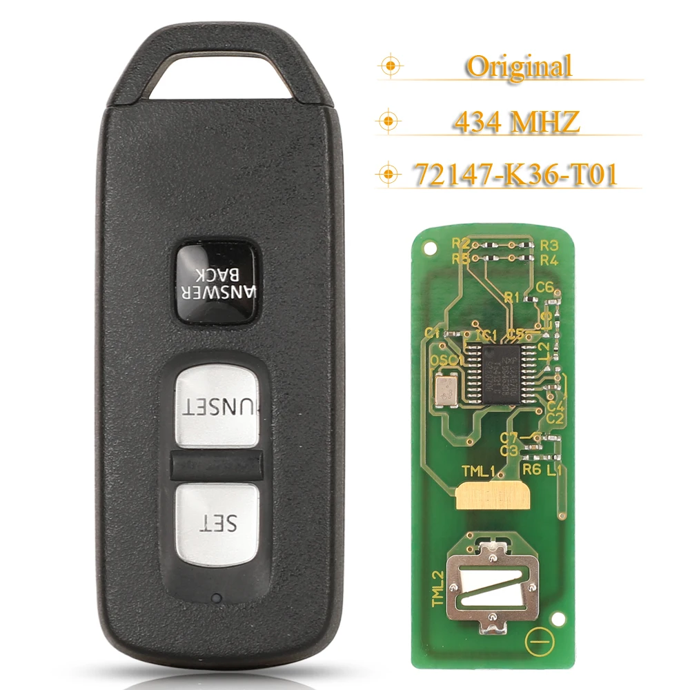 

jingyuqin 3 Buttons Original Smart Remote Control Car Key Fob 434MHZ 72147-K36-T01 For Honda Motorbike key
