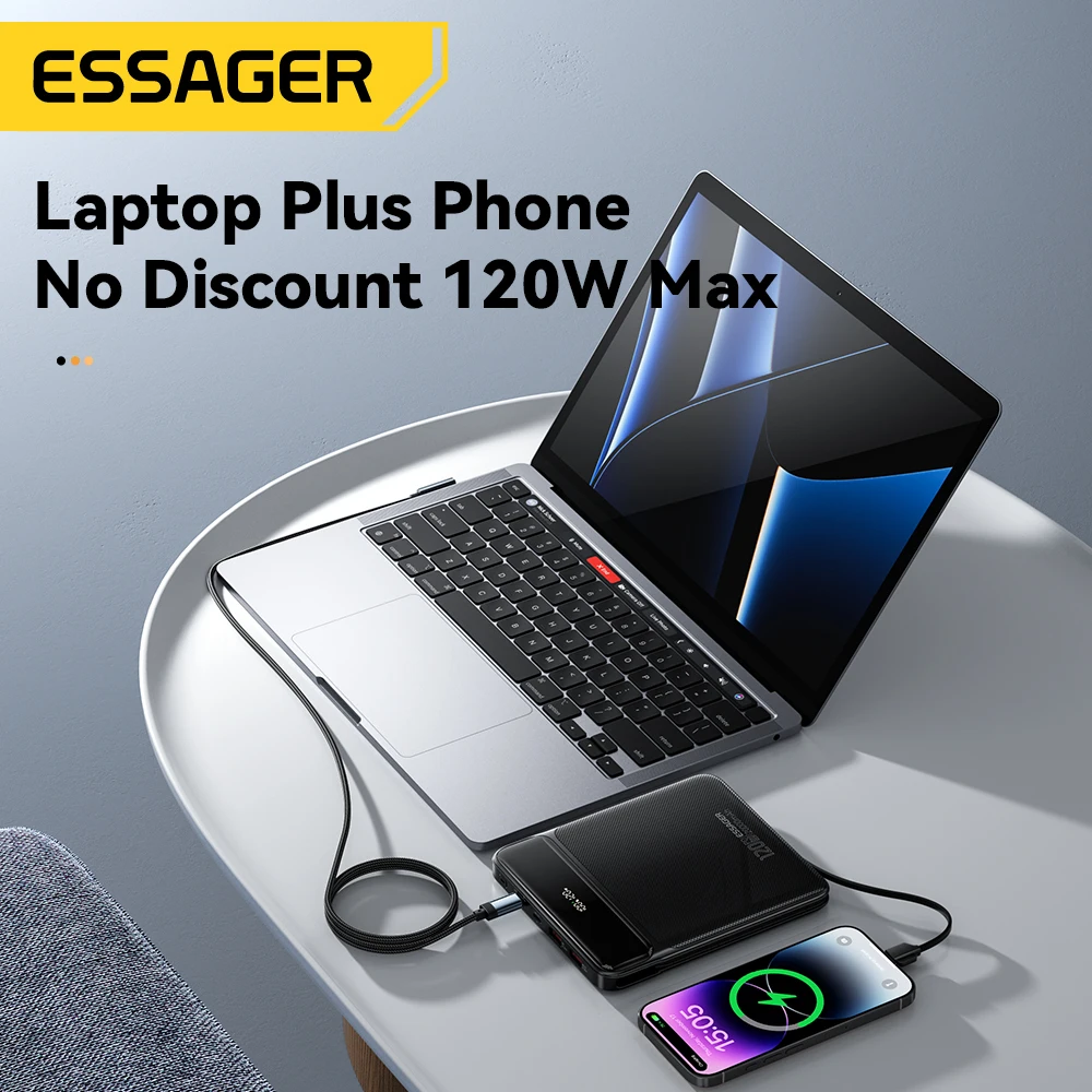 Essager 120W Power Bank 20000mAh with Two Built-in Cables PD Fast Charging For iPhone 16 15 14 Pro Max Macbook Laptop Xiaomi 14 4