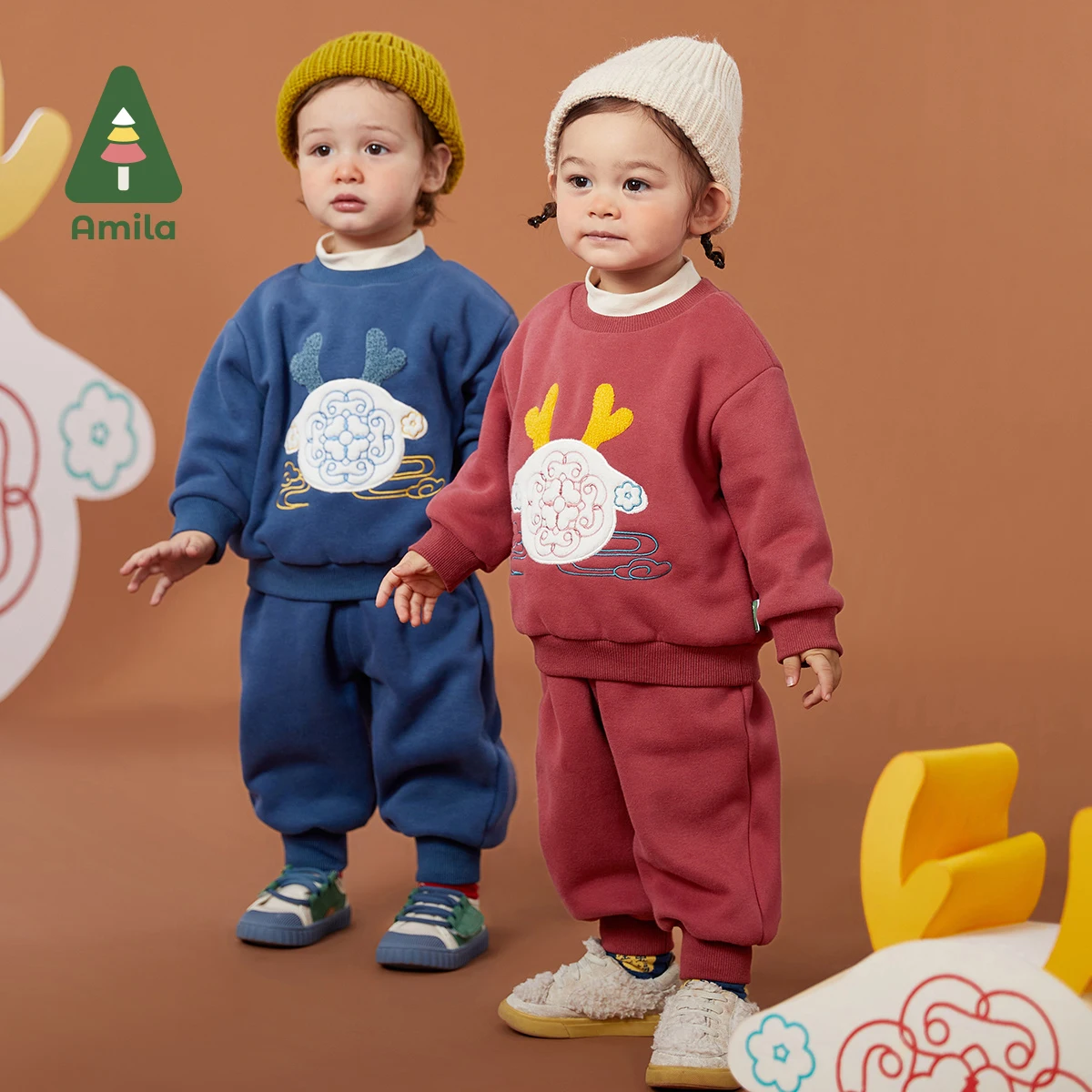 

Amila Baby's Set 2022 Winter New Boys and Girls Cartoon Fashion Casual Chinese Elements Embroidered Warmth Kids Suits