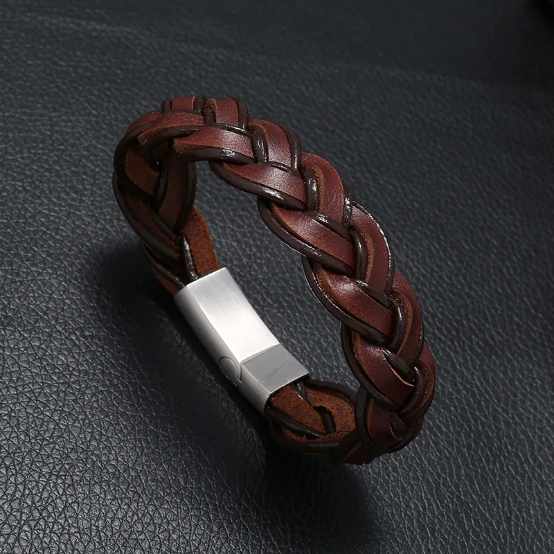 2019 New Design Handmade Braided Genuine Leather Bracelet &amp Bangle for Men Stainless Steel Fashion Bangles Gifts | Украшения и