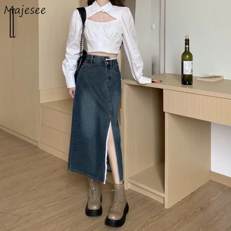 

Skirts Women Elegant Button Simple Ins Spring New Design High Waist Korean Style Young Ladies Cosy Fashion Denim Solid Hot Sale