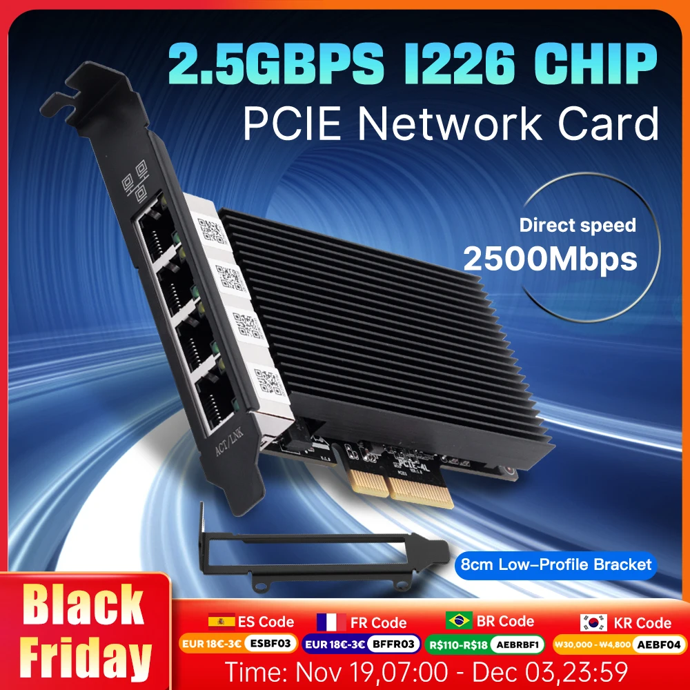 Fenvi 2500Mbps PCI-E To RJ45 Network Card I226 Chip 2.5G 100/1000/2500Mbps Gigabit Ethernet Four Ports For Desktop Win10/11