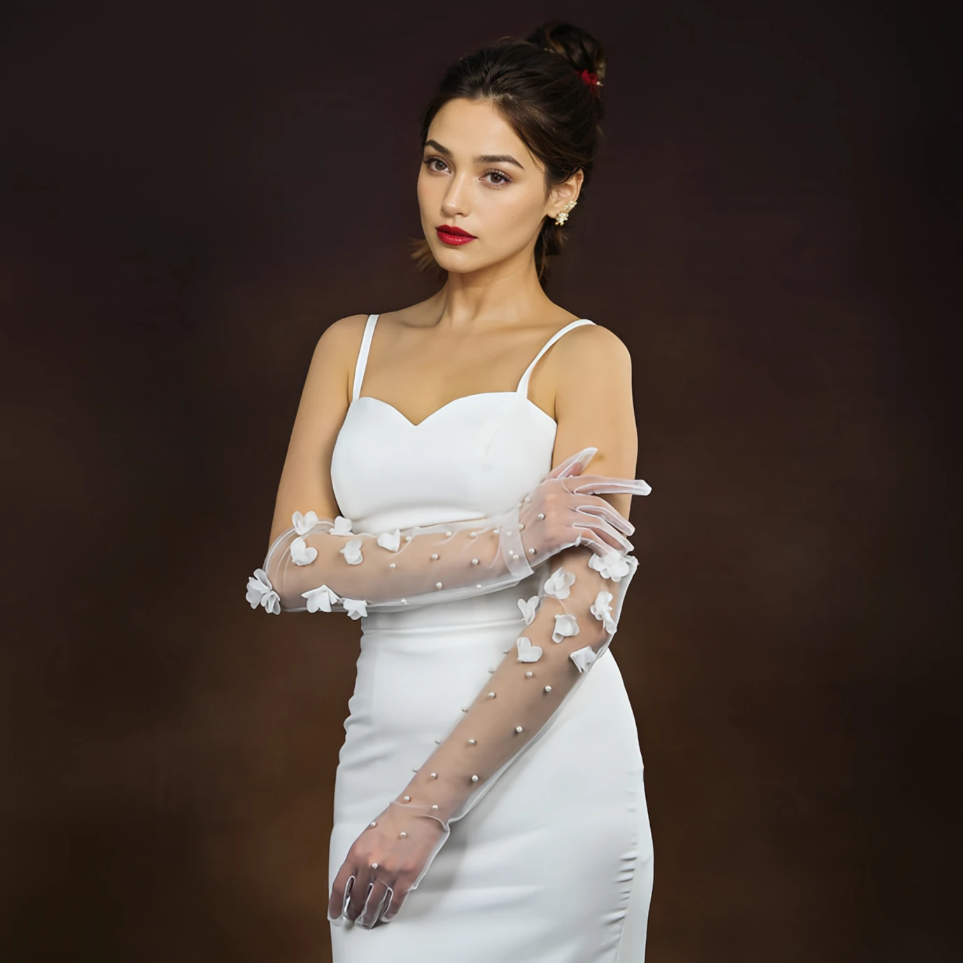 Wedding Bride Gloves Pearls Beaded Elbow Covers Arms Sleeves Long 1 Pair wedding dress gloves wedding sleeve accessories
