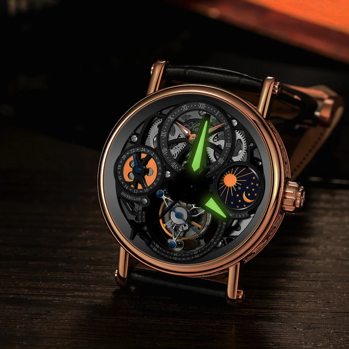 Gear-Shaped Green Luminous Watch Hands with Aircraft Second Hand