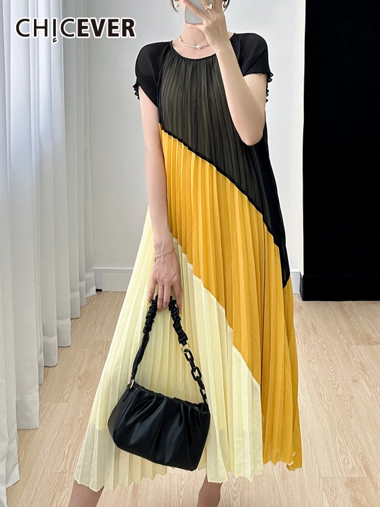 

CHICEVER Hit Color Pleated Dresses For Women Round Neck Short Sleeve High Waist Loose Casual A Line Summer Midi Dress Female New