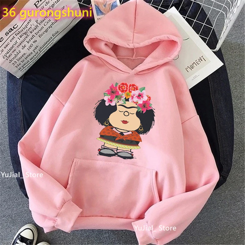 Cute Mafalda Flowers Cartoon Cap Hoodies Women Clothes 2023 Harajuku Kawaii Hoodies Girls Long-Sleeved Winter Tracksuit Femme