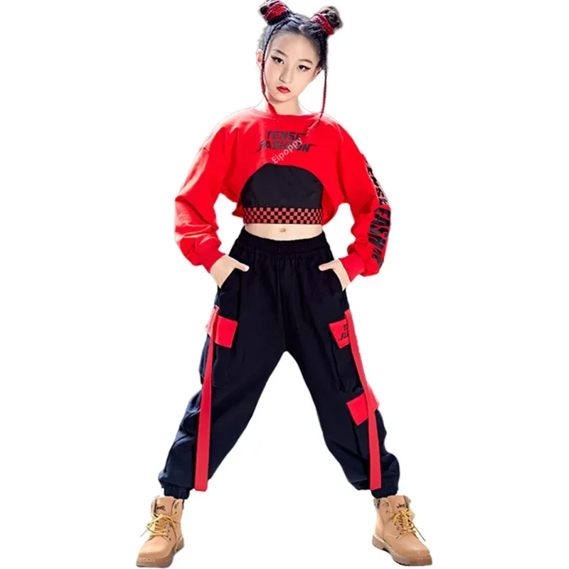 Teenage Fashion Streetwear, Stage Wear, Girls' Hip-hop, Jazz Dance, Red Crop Tops, Work Pants