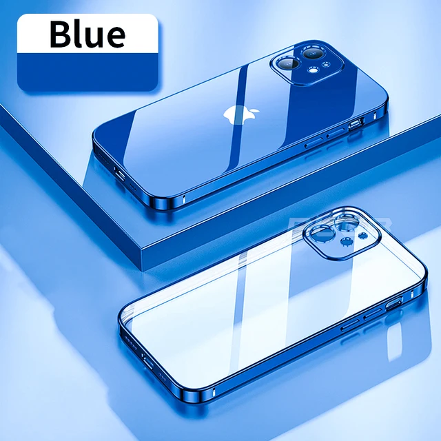 Luxury Soft Silicone Case for iPhone 13 12 11 Pro Max mini XR X XS Plating Square Frame Shockproof camera protect Clear TPU case Blue