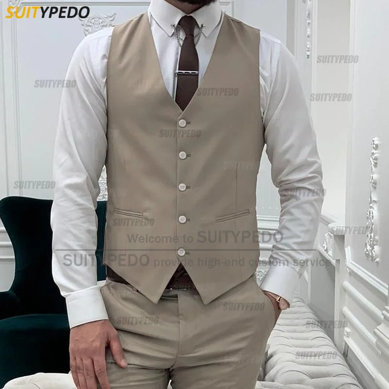 

Fashion Khaki Men's Suit Vests Wedding Sleeveless Jacket with Lapel Tailor-made Slim fit Groomsmen Groom Business Waistcoat 1Pcs