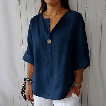Summer Cotton Linen Blouses For Women 2025 Plus Size V-Neck Button Tee Shirts Casual Half Sleeve Black Tops Loose Women T Shirt 1