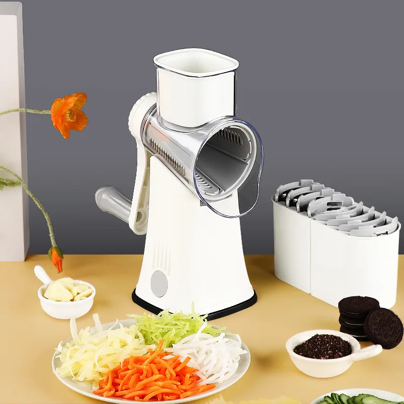 Rotary Cheese Grater,3 in 1 Multi-functional Mandoline Vegetable  Shredder,Slicer, 3 Drum Blades in Set (White)