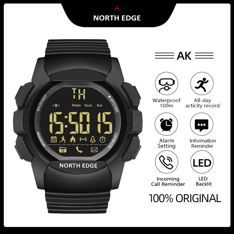 NORTH EDGE-reloj inteligente AK para hombre, cronómetro con tiempo en espera, podómetro, distancia, calorías, militar, resistente al agua, alarma de 100m