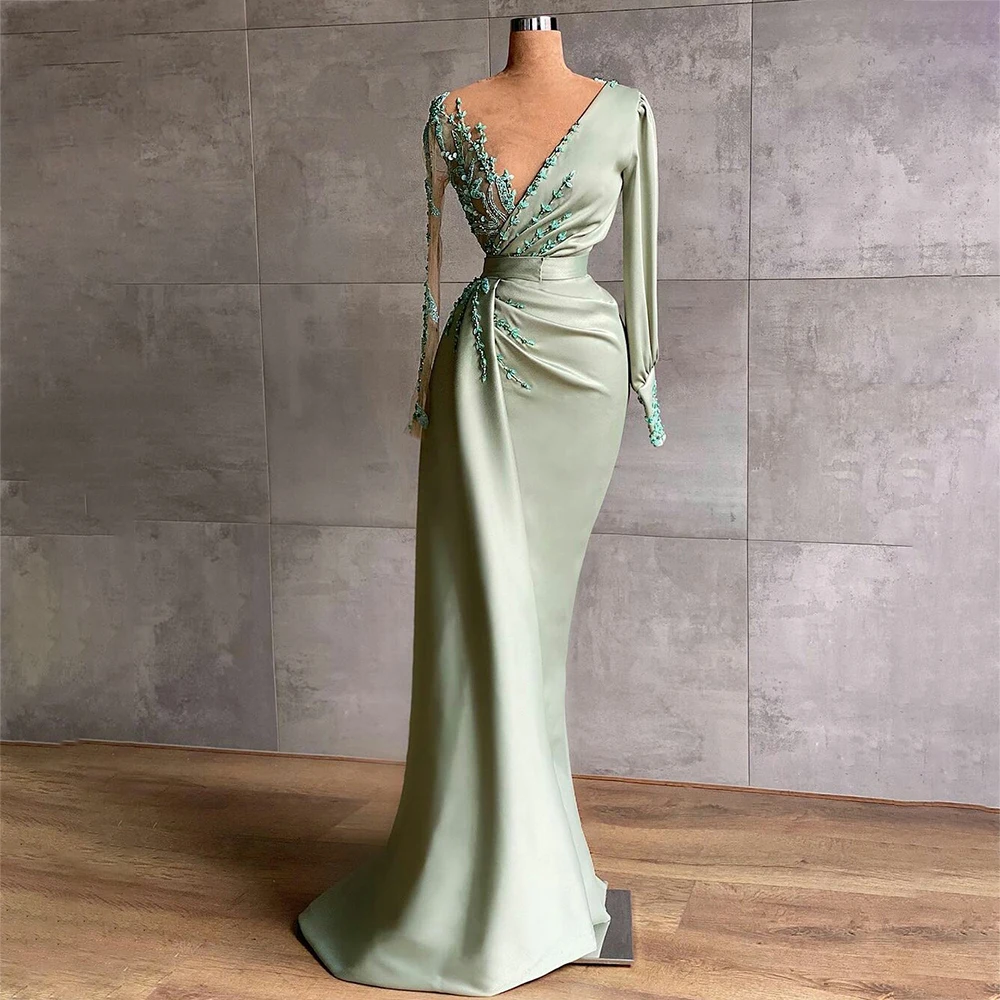 

Laxsesu Mint Green Evening Dresses Sheer Jewel Neck Beaded Elegant Long Sleeve Mermaid Prom Dress 2022 Formal Party Gown