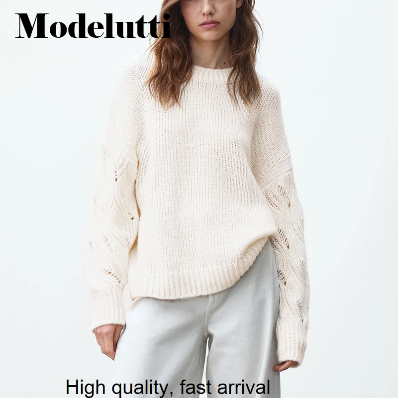 

Autumn Winter 2023 Women's New Fashion Hollow Sleeve Knit Pullover Casual Solid Color Round-neck Top Sweater jumper