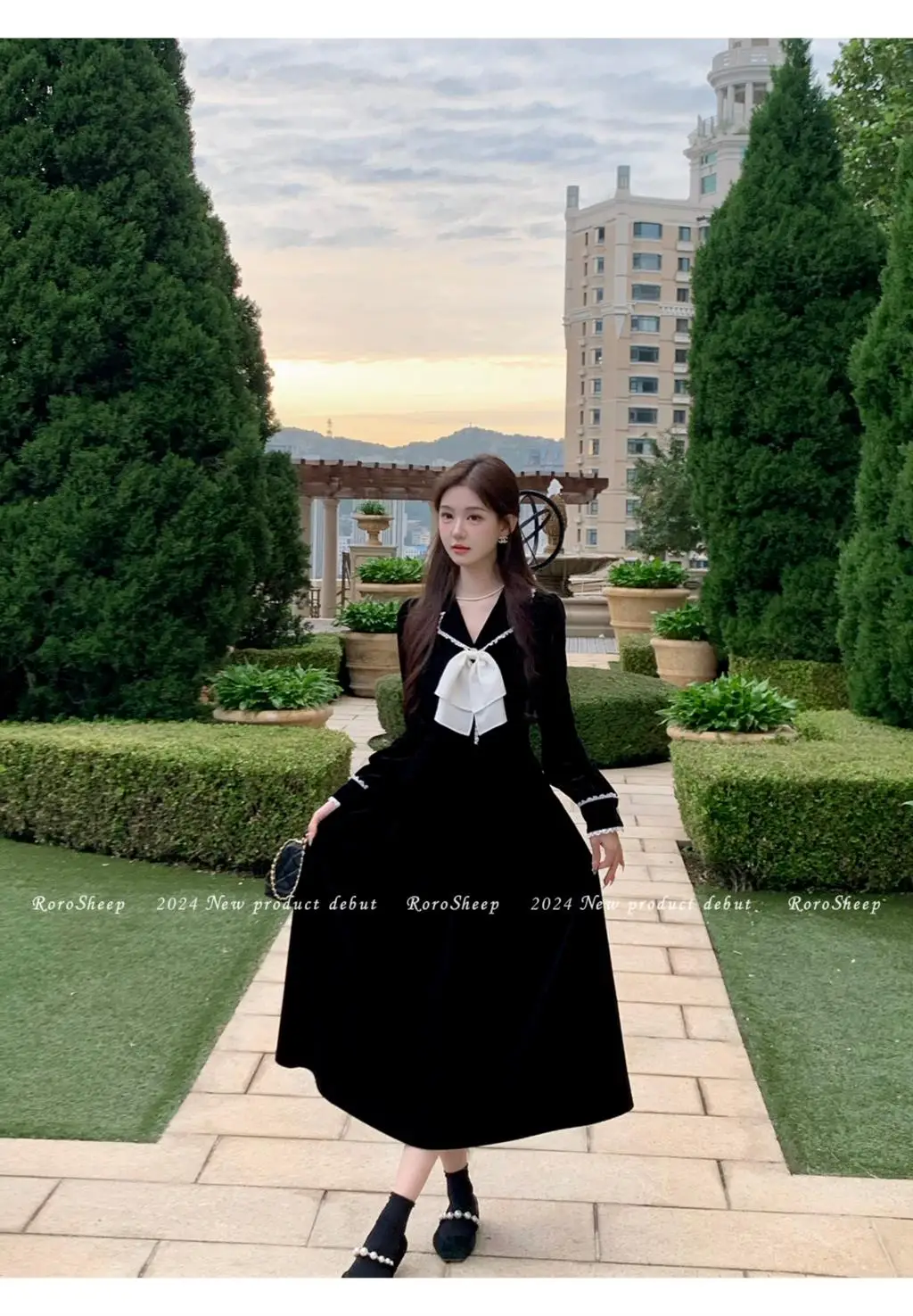 Elegant Vintage Lapel Midi Dresses for Women Bow Long Sleeve Birthday Party Dress A-line Autumn New Korean Fashion Vestido Mujer