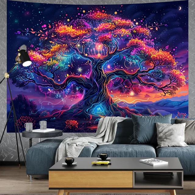 Arbre de vie tapisserie réactive UV nuit étoilée tapisserie tenture murale décor de chambre esthétique Hippie décoration murale de maison cadeau pour ami 6