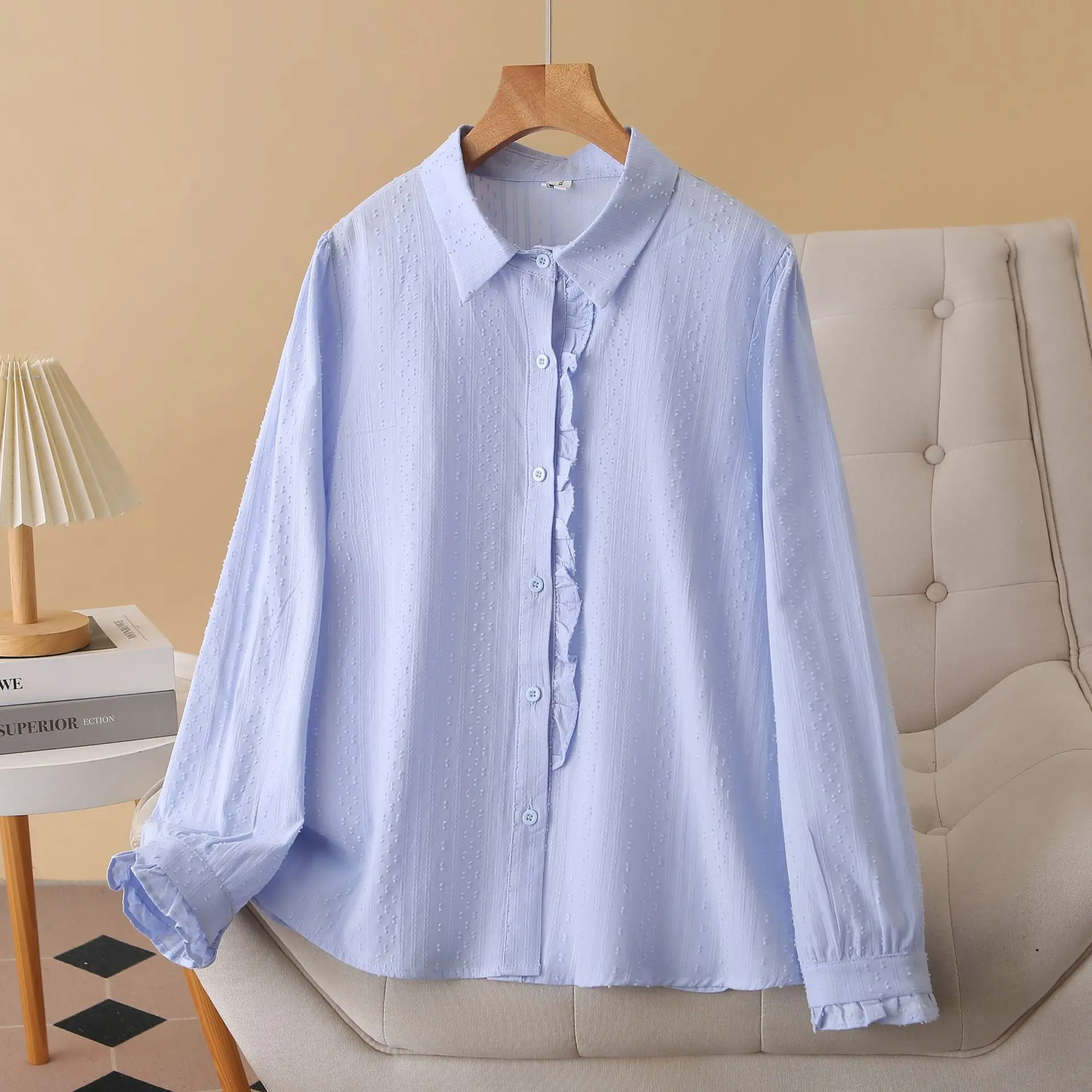 XXXXL Fashion Plus Size Women's Blouses Stylish Long Sleeved Cotton Jacquard Shirt With Ruffled Wear In Autumn 3073