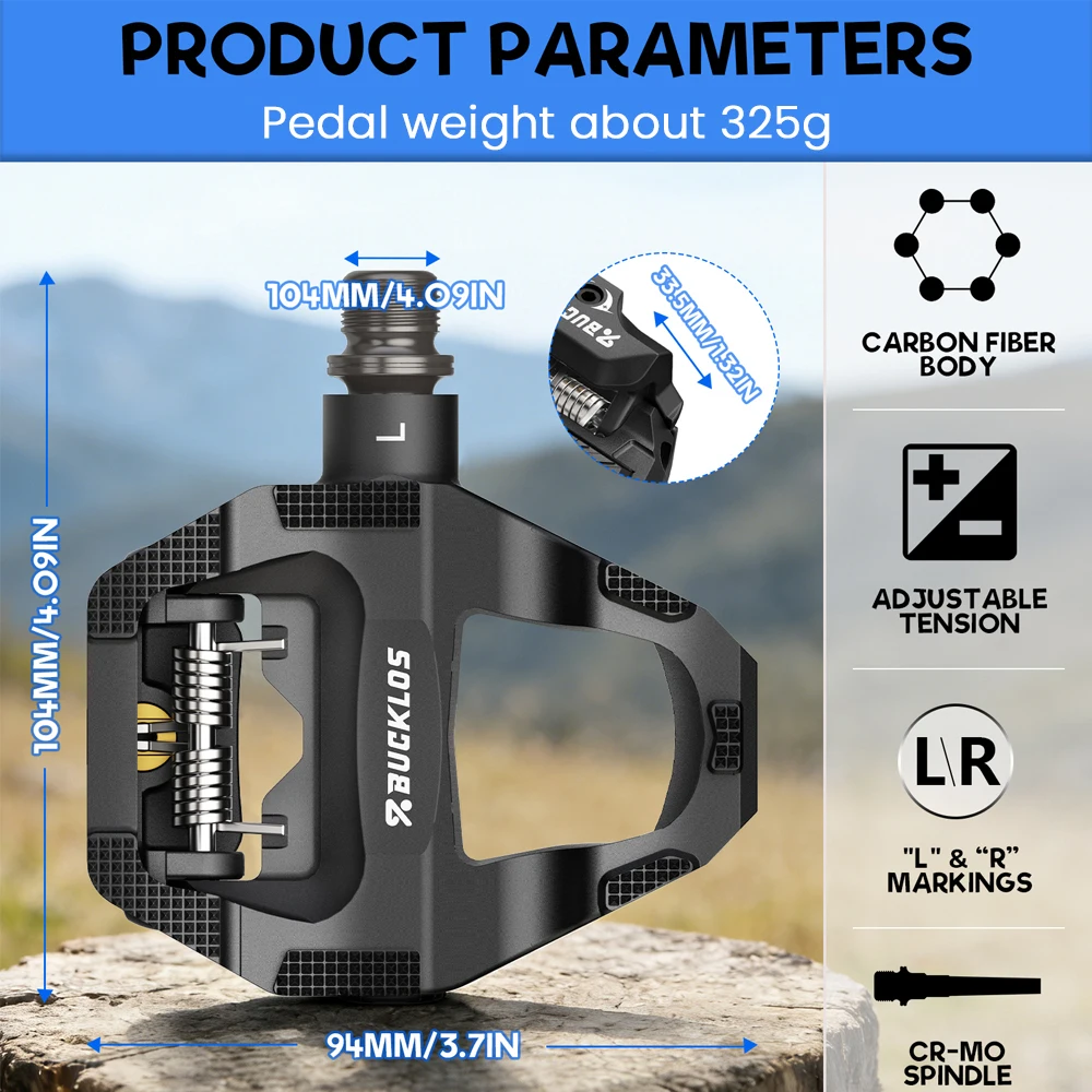 Pedali Bici BUCKLOS a Doppia Funzione, Pedali Piatti e Clipless per Ciclismo con Tacchette, Pedali per Biciclette SPD SL, Componenti in Carbonio - immagine 4