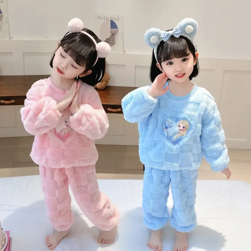 

Disney Elsa Coral Velvet Pajamas Autumn Winter Western Style Cartoon Kawaii Flannel Suit Round Neck Velvet Thickening Tracksuit