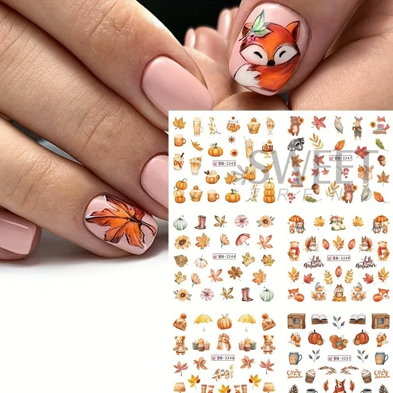 12 Designs Autumn Maple Leaf Squirrel Pumpkin Water Nail Stickers Fall Season Element Watermark Sliders DIY Manicure Decal Foils