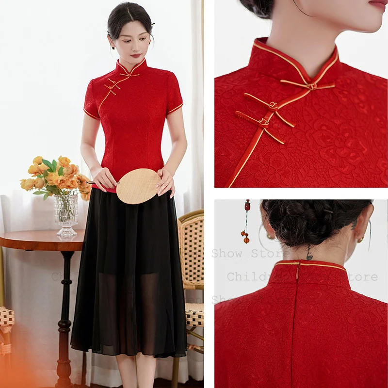 Chinese Style Qipao Top Lady Elegant Lace Flower Cheongsam Shirt Tradition Mandarin Collar Tang Clothes Short Sleeve Blouse