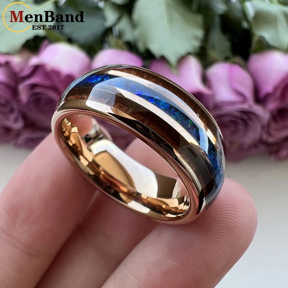 MenBand Fashion 8MM Men Women Tungsten Carbide Wedding Ring Blue Opal And Koa Wood Inlay Dome Polished Comfort Fit Size 6-15