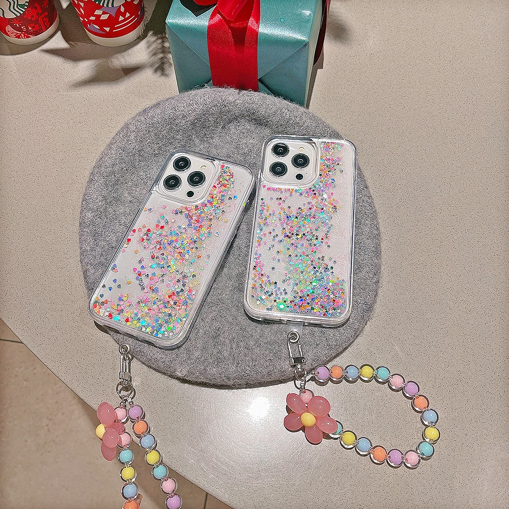Seven Colors Love Heart Stars Glitter Quicksand Custodia Per Telefono Trasparente Cover A Catena Fiore Per Iphone 15 14 13 12 11 Pro Max Plus