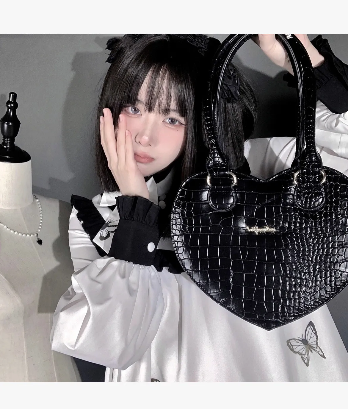 JIAERDI Crocodile Pattern White Handbag Women Fairycore Aesthetic Heart Shoulder Bags Hot Grils Sweet Cute Crossbody Bags Y2k