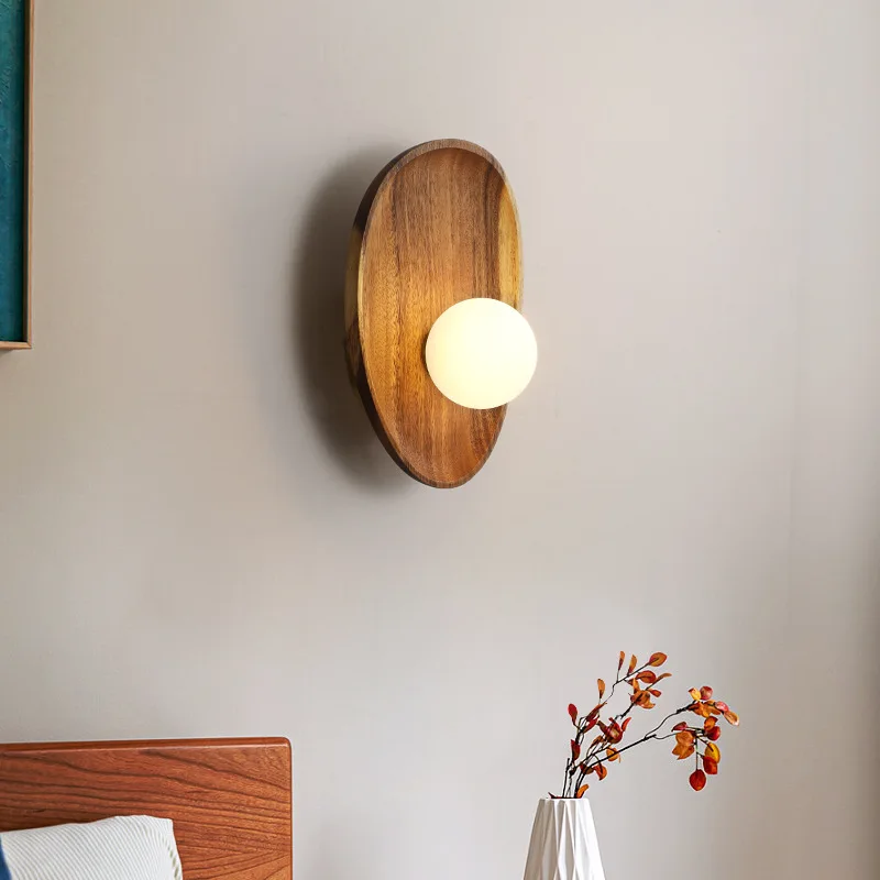 natural Wooden Wall Lamp Glass Lampshade For Living Room Wood Vintage Decor Bedside wall light Sconce Foyer LED Light Fixtures