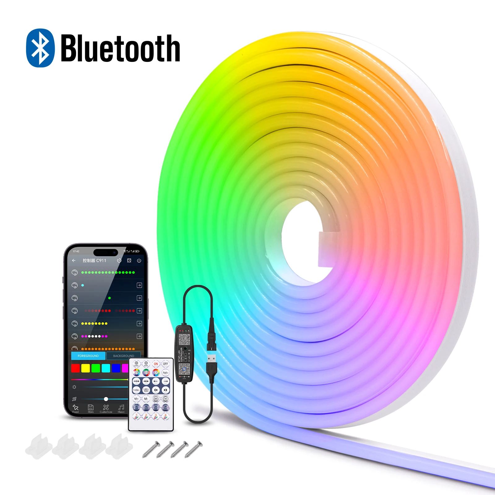 RGB USB WS2812B Flexible LED Neon Light Strips – Waterproof Bluetooth Music Sync, 7x13mm