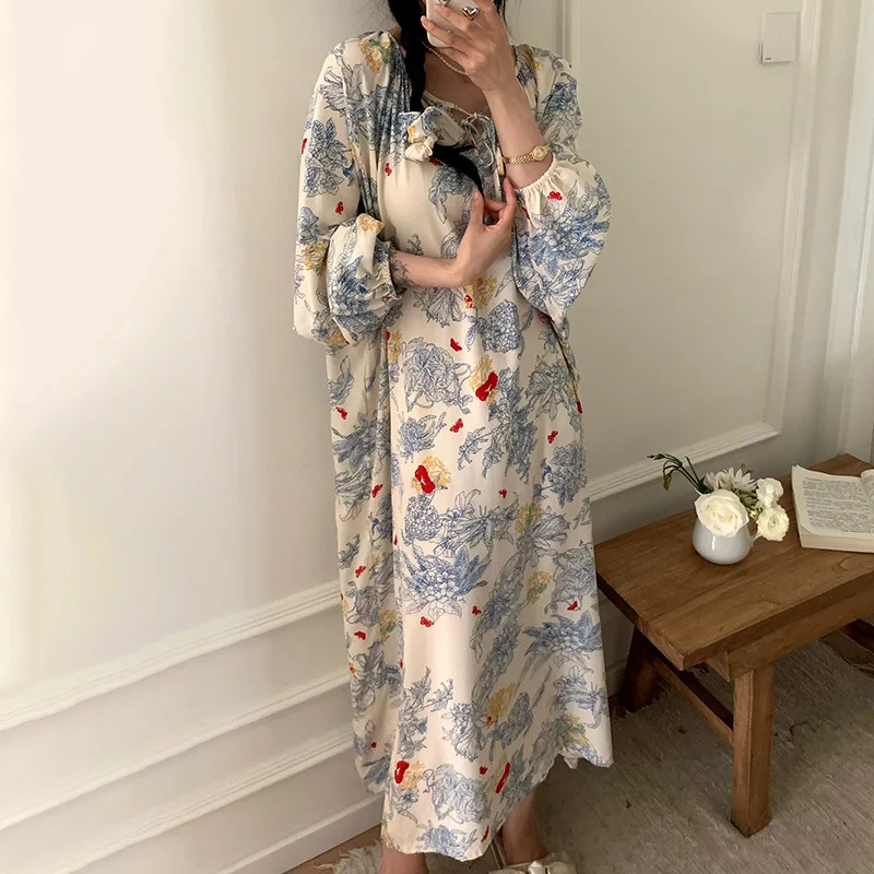 Female Bohemian Dresses Round Neck Long Sleeved Pajamas Floral Print Longuette Women's Clothing Thin Loose Cotton Silk Home Wea