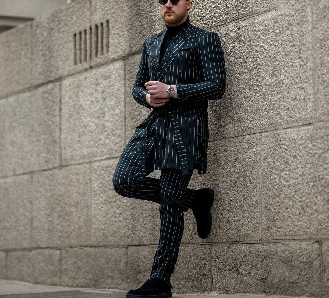 Black Men's Suits Tailored 2 Pieces Blazer Pants Peaked Lapel Double Breasted With Belt Wedding Stripes Custom Made Plus Size