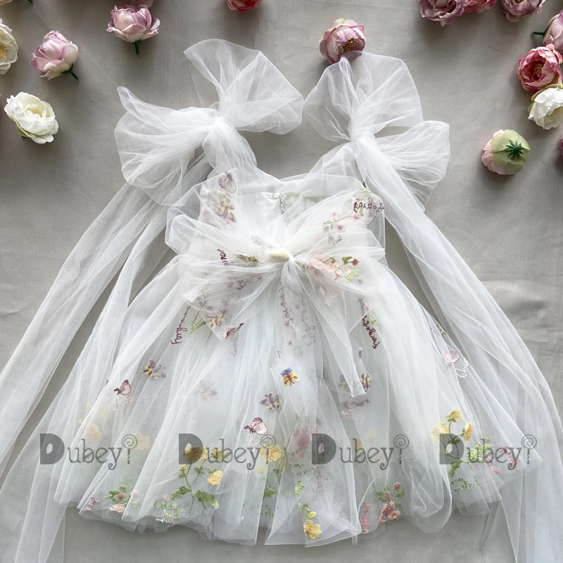 Baby Floral Bow Sleeveless Summer Dress - Embroidered Ballerina Tutu Outfit